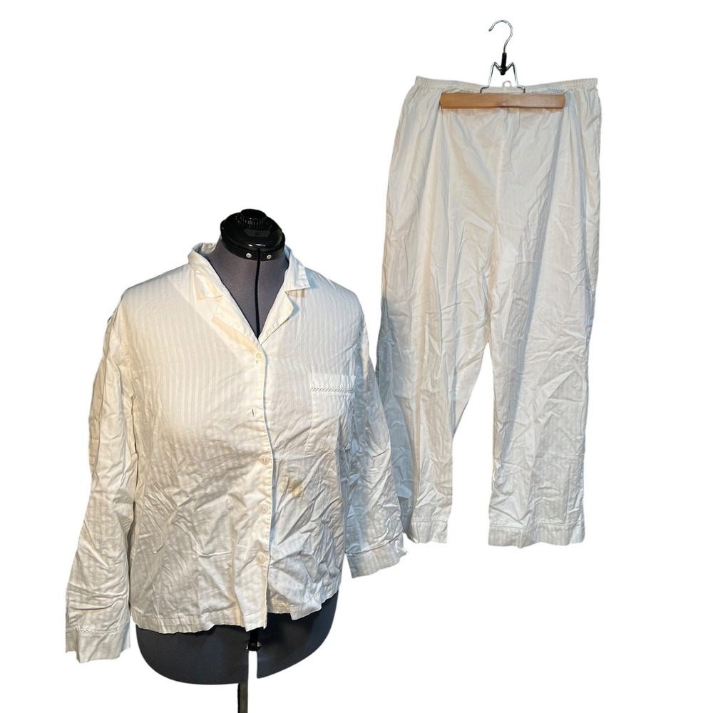 Covington Womens Sz Large 14-16 Pajama Set White Striped 100% Cotton Button Down